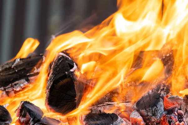 Fényesen Égő Fatörzsek Közelsége Sárga Forró Tűzlángokkal Éjszaka — Stock Fotó