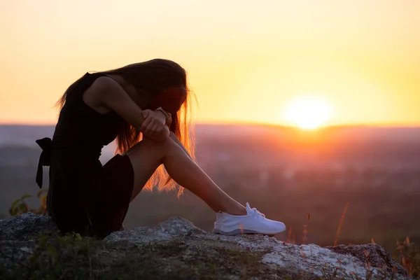 Young Depressed Woman Black Short Summer Dress Sitting Rock Thinking — Stock Photo, Image