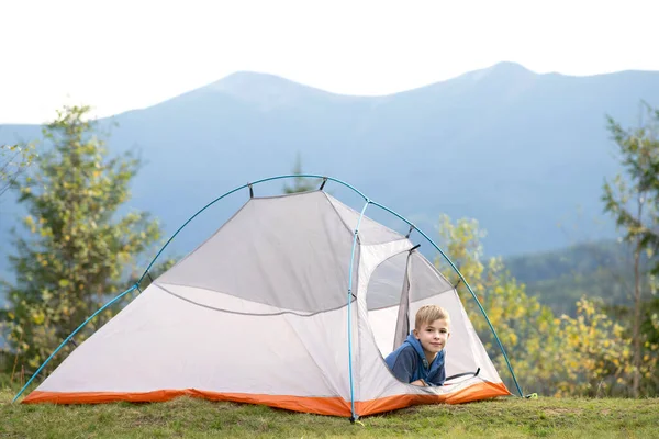 Happy Child Boy Resting Alone Tourist Tent Mountain Campsite Enjoying — Stock Photo, Image