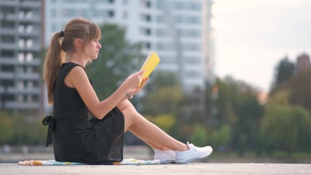 屋外で教科書を読む夏の公園に座っている女性学生 教育とサディーの概念 — ストック動画