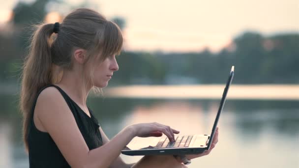 Jonge Vrouw Werken Achter Laptop Zitten Zomer Park Buiten — Stockvideo