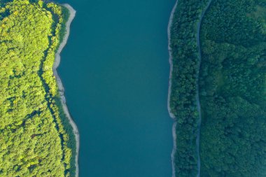 Yoğun yeşil ormanlarla kaplı yüksek dağ tepeleri arasında berrak mavi suyu olan büyük göl tepeden aşağıya doğru..