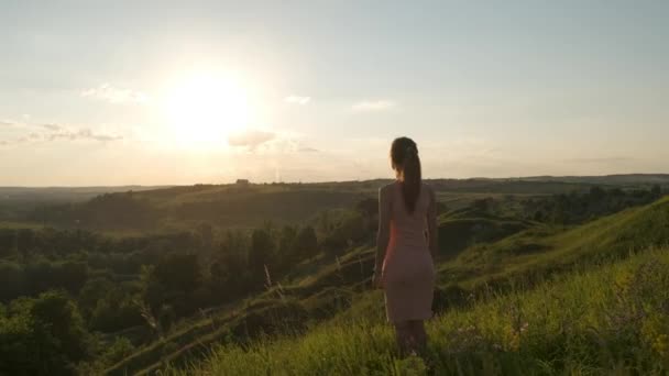緑の草原に立つ夏のドレス姿の若い女性が夕景を楽しむ夕景自然 — ストック動画