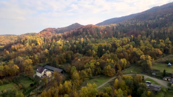 Luchtfoto Van Kleine Herdershuizen Brede Weide Tussen Herfst Bos Oekraïense — Stockvideo