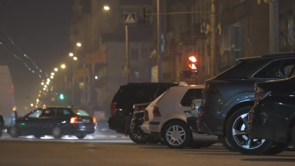 Primer Plano Los Coches Aparcados Carretera Por Noche Con Vista — Vídeos de Stock