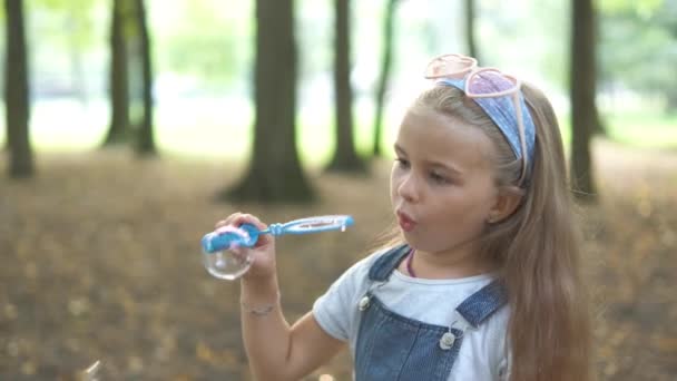 Malá Šťastná Holčička Foukání Mýdlové Bubliny Venku Letním Parku — Stock video