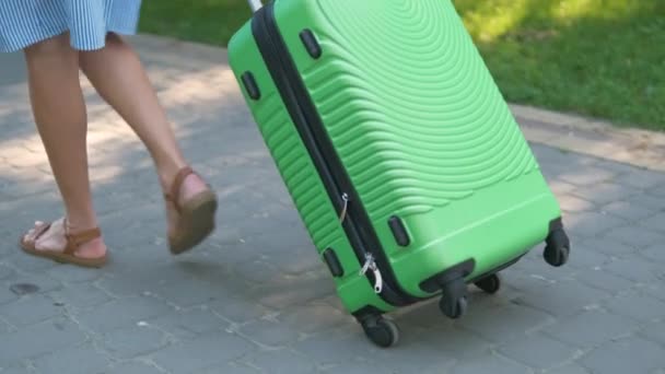 Closeup Young Woman Walking City Sidewalk Green Suitcase Summer Day — Stock Video