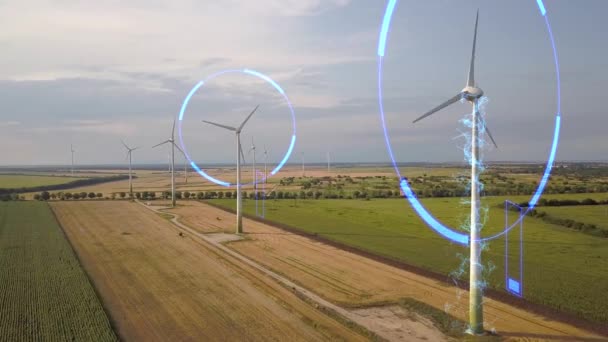 Vue Aérienne Des Éoliennes Génératrices Sur Terrain Produisant Électricité Écologique — Video