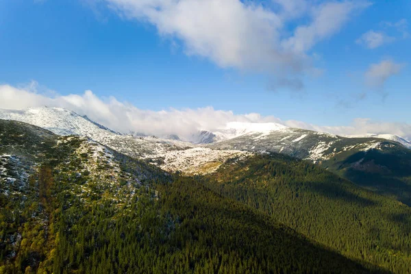 High mountain peaks covered with autumn spruce forest and high snowy summits.