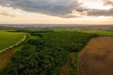 Akşamları yeşil çam ve yemyeşil ormanlarla kaplı karanlık dağ tepelerinin havadan görünüşü.