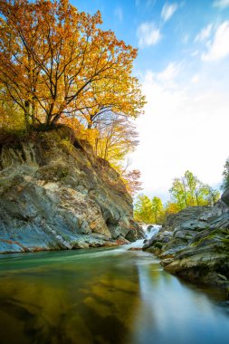 Küçük şelaleli dağ nehri, berrak turkuaz suyla, sonbahar gününde kalın beyaz köpükle ıslak kayaların arasına düşüyor..
