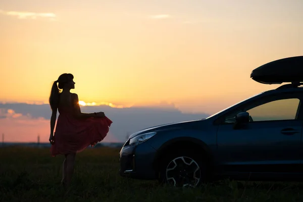 Silueta Conductora Pie Cerca Coche Campo Hierba Disfrutando Vista Puesta — Foto de Stock