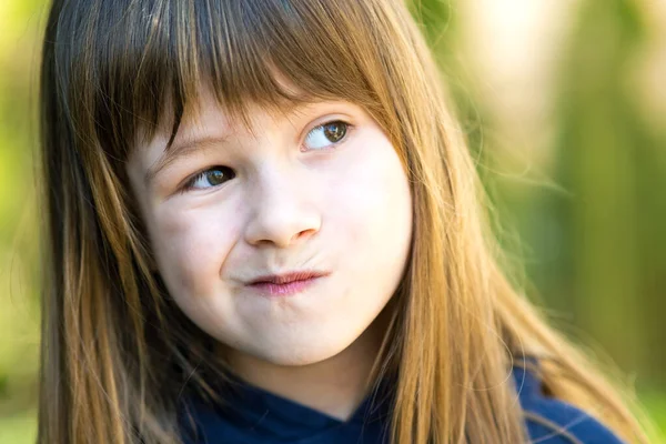 Close Portrait Pensive Cute Brunette Child Girl Park — Stock Photo, Image
