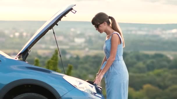 Zdziwiona Młoda Kobieta Kierowca Stojąca Pobliżu Zepsutego Samochodu Otwartym Kapturem — Wideo stockowe