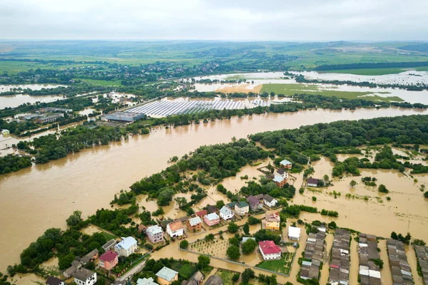 Vue Aérienne Fleuve Dnister Avec Eau Sale Des Maisons Inondées — Photo