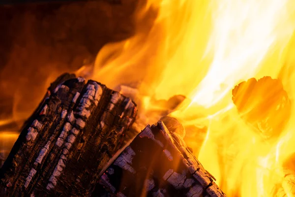 Fényesen Égő Fatörzsek Közelsége Sárga Forró Tűzlángokkal Éjszaka — Stock Fotó
