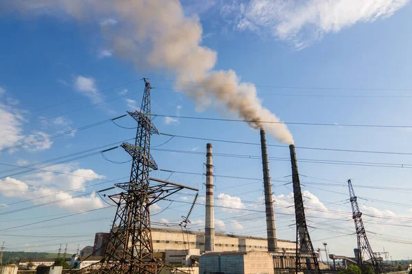 Повітряний Вид Високі Труби Вугільної Електростанції Атмосферою Забруднення Чорного Диму — стокове фото