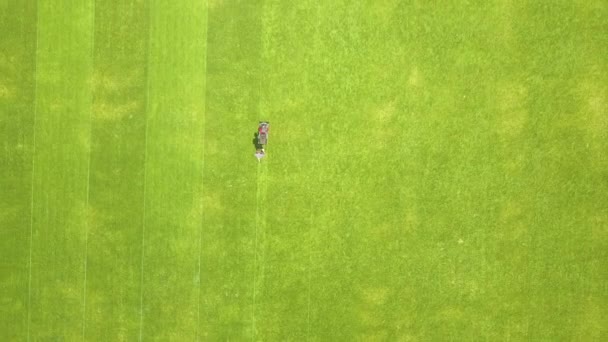 Luftaufnahme Der Kleinen Figur Des Mannes Arbeiter Trimmen Grünen Rasen — Stockvideo