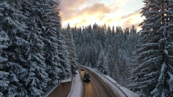 Vista Aérea Paisagem Inverno Com Montanhas Cobertas Neve Estrada Florestal — Vídeo de Stock