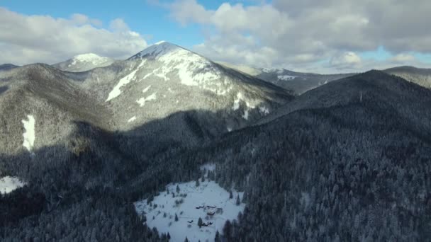 Paesaggio Invernale Aereo Con Piccole Case Rurali Tra Foresta Innevata — Video Stock
