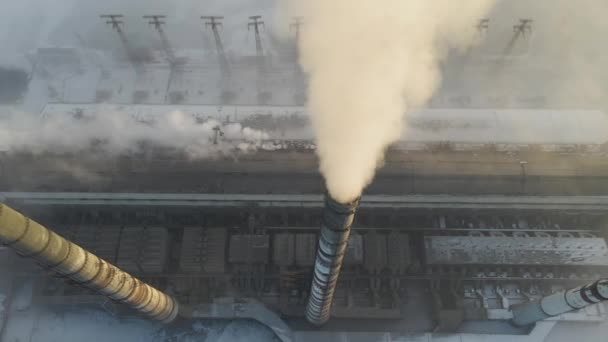 Zicht Vanuit Lucht Hoge Schoorsteenpijpen Met Grijze Rook Van Kolencentrales — Stockvideo