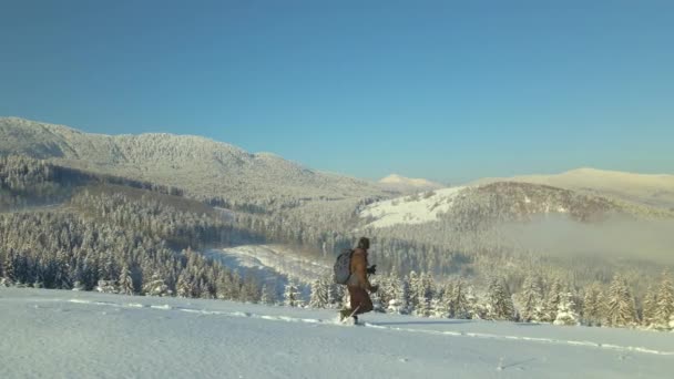 寒い冬の日にバックパッカーのハイキング雪の山の中腹の空中ビュー — ストック動画