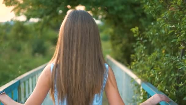 Widok Tyłu Młoda Kobieta Długimi Włosami Spacery Świeżym Powietrzu Parku — Wideo stockowe