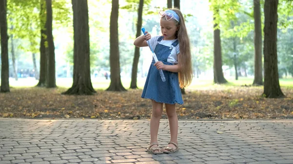 Little Happy Child Girl Blowing Soap Bubbles Green Park Outdoor — Stock Photo, Image