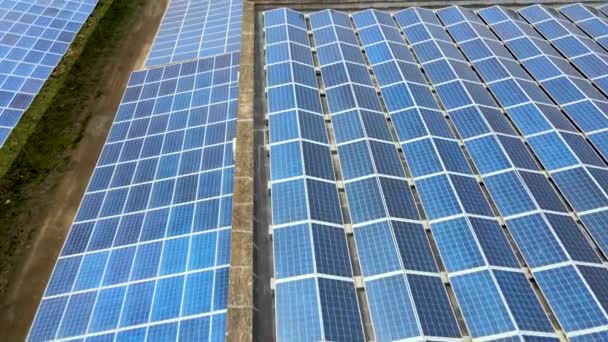 Aerial View Blue Photovoltaic Solar Panels Mounted Building Roof Producing — Stock Video