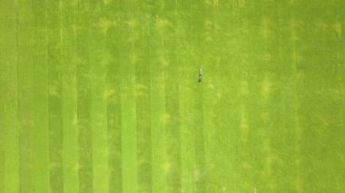Yazın futbol sahasında çimenleri biçen ve çim biçen küçük işçi figürünün havadan görünüşü..