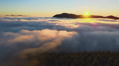 Sonbaharda yeşil ladin ormanlarıyla kaplı dağ tepelerinin üzerinde canlı gündoğumunun hava manzarası..