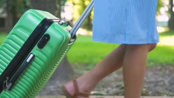 Closeup Young Woman Walking City Street Sidewalk Green Suitcase Summer — Stock Video