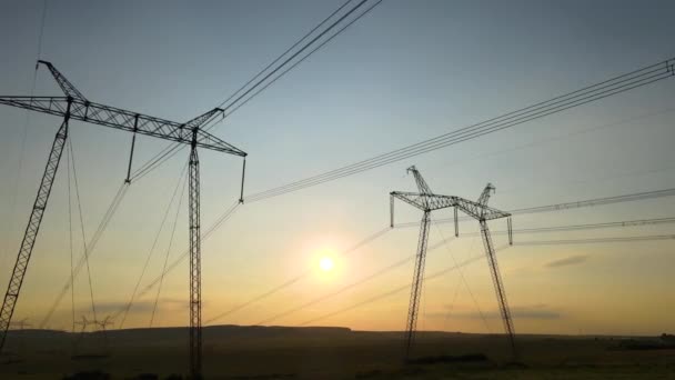 High Voltage Towers Electric Power Lines Sunset — Stock Video