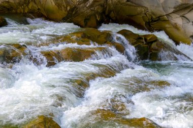 Küçük şelaleli dağ nehri berrak turkuaz suyla kalın beyaz köpüklü ıslak kayaların arasına düşüyor..
