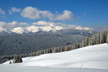 Soğuk kış günlerinde yoğun kar yağışı sonrası yüksek dağlık tepelerle kaplanmış kış manzarası..