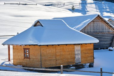 Kış dağlarında yüksek çam ağaçları ile çevrili taze karla kaplı küçük ahşap bir ev..