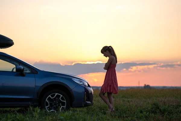 Silueta Oscura Mujer Solitaria Relajándose Cerca Coche Prado Herboso Disfrutando — Foto de Stock