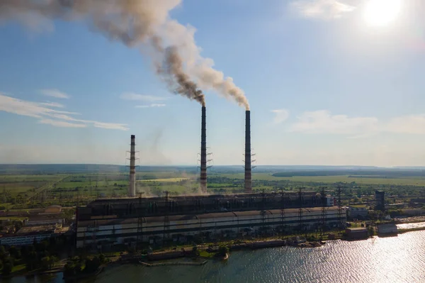 Повітряний Вид Високі Труби Вугільної Електростанції Атмосферою Забруднення Чорного Диму — стокове фото