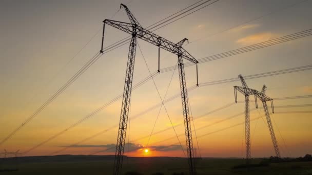 High Voltage Towers Electric Power Lines Sunset — Stock Video