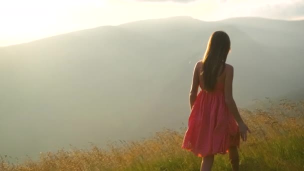 Jonge Vrouw Rode Jurk Wandelen Grasveld Een Winderige Avond Herfst — Stockvideo