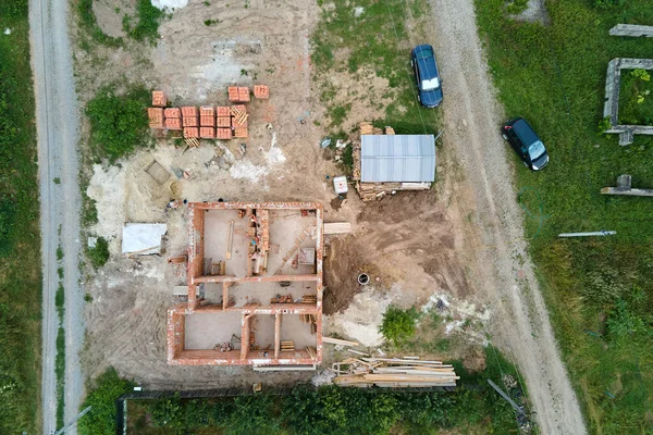 Widok Lotu Ptaka Roboty Budowlane Nowego Fundamentu Betonowego Domu Placu — Zdjęcie stockowe