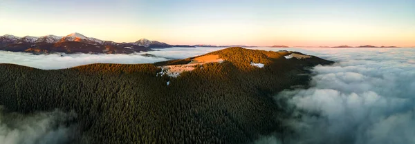 喀尔巴阡山山上长满了常绿的云杉林 从空中俯瞰着充满活力的日出 — 图库照片