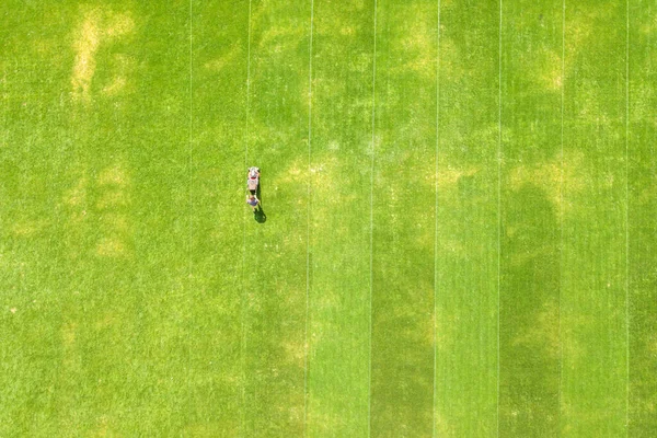 Vista Aérea Pequena Figura Homem Trabalhador Aparando Grama Verde Com — Fotografia de Stock