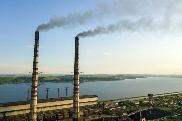 Vue Aérienne Centrale Charbon Hauts Tuyaux Avec Fumée Noire Déplaçant — Photo