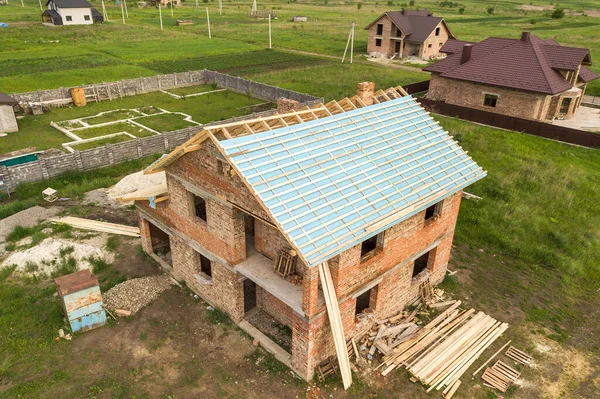 Aerial View Brick House Wooden Roof Frame Construction — Stock Photo, Image