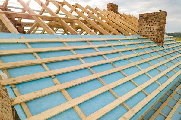 Aerial View Brick House Wooden Roof Frame Construction — Stock Photo, Image