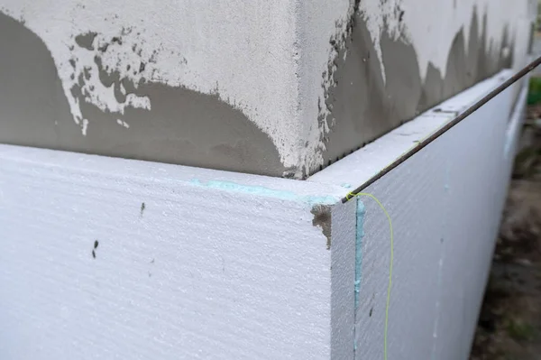 Installation Isoleringsplåt Styrofoam Fasadvägg För Värmeskydd — Stockfoto
