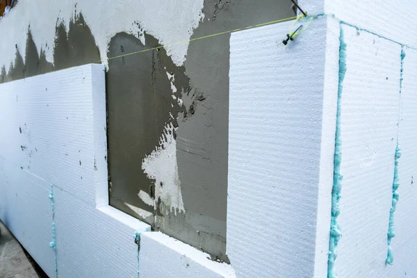 Installation Feuilles Isolantes Styromousse Sur Mur Façade Maison Pour Protection — Photo
