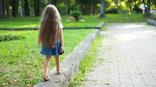 Vue Arrière Une Jolie Petite Fille Aux Cheveux Longs Marchant — Photo
