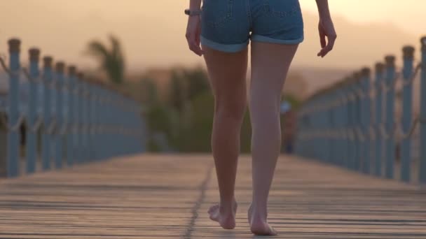 Zbliżenie Modnej Młodej Kobiety Idącej Wieczorem Spacer Długim Molo Nad — Wideo stockowe